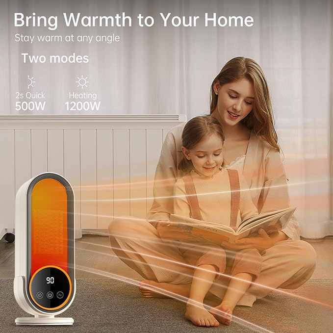 Space Heater Indoor - Energy Efficient Portable Heater with Adjustable Thermostat,1200W PTC Rapid Heating Ceramic Technology with Remote,Intelligent Timing (White, E68S Remote Control)