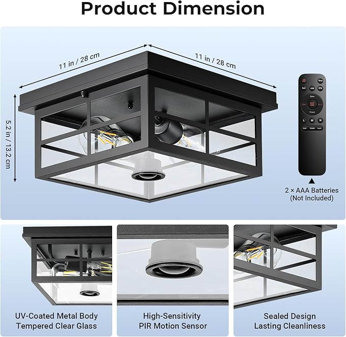 Motion Sensor Outdoor Ceiling Light with Remote, Distance and Time Adjustable Outside Flush Mount Ceiling Light, 5 Modes Porch Lights Outdoor Ceiling for Garage, Porch, Entryway, Black, Square