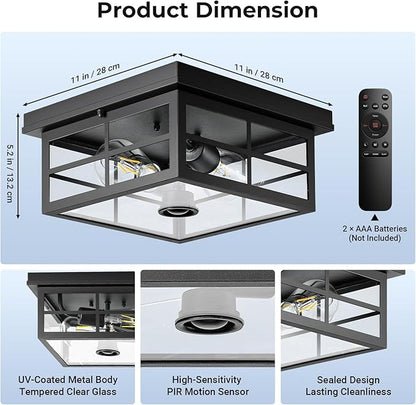 Motion Sensor Outdoor Ceiling Light with Remote, Distance and Time Adjustable Outside Flush Mount Ceiling Light, 5 Modes Porch Lights Outdoor Ceiling for Garage, Porch, Entryway, Black, Square