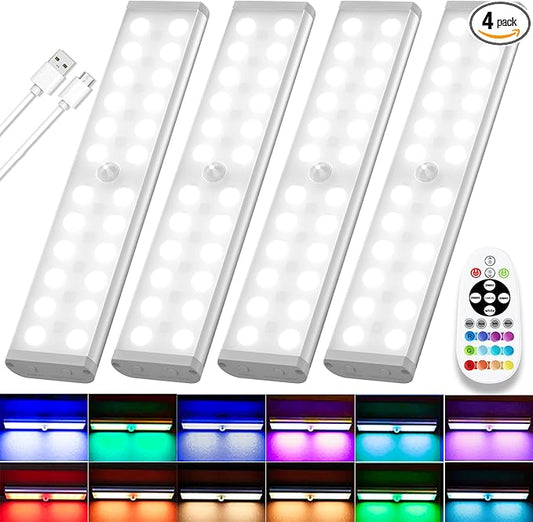 Diomart Under Cabinet Lighting Wireless, RGB Rechargeable Motion Sensor Light Indoor Night Lights, 58 -LED Remote Control Under Counter Lightis for Kitchen, Wardrobe, Hallway, Stairs, Desk(4 Pack)