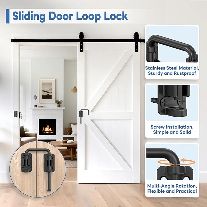 Sliding Door Loop Lock, 90/180 Degree Stainless Steel Patio Door Latch for Sliding Barn/Single/Double Opening Gate, Shed, Closet, Window, Fence - Home Security Loop Latch (Black-1PC)