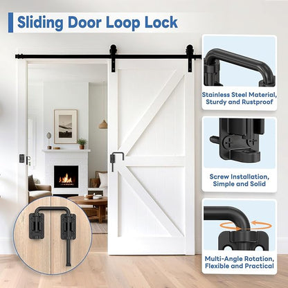 Sliding Door Loop Lock, 90/180 Degree Stainless Steel Patio Door Latch for Sliding Barn/Single/Double Opening Gate, Shed, Closet, Window, Fence - Home Security Loop Latch (Black-1PC)
