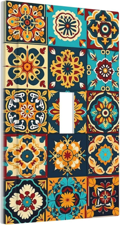 Mexican Talavera Ceramic Tile Moroccan Boho Decorative Light Switch Cover 1 Gang Single Toggle Device Electrical Faceplate Switchplates Decorator Outlet Wall Plate for Bathroom Kitchen Decor