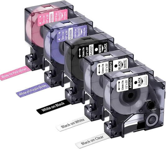 Freshworld Compatible with Dymo D1 Colorpop 12mm 0.47" Label Tape 45013 D1 Label Refills, for COLORPOP Maker Labelmanager 160 280 360D 420P PnP, Clear/White, Black/Purple/Pink Glitter, 5-Pack