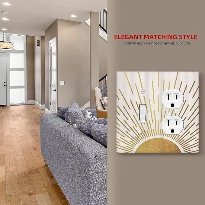 Decorative Outlet Covers Boho Mid Century Gold Sun Sunbeams 2 Gang Light Switch Cover Plate Single Toggle Duplex Wall Plates for Electrical Outlets Switch Plate Covers for Bedroom Decor
