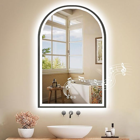 24x36 Inch Led Mirrors for Bathroom, Arch Vanity Mirror with Lights, Wall-Mounted Mirror with Bluetooth Speaker, Anti-Fog, Memory Function, 3 Color Temperature, Dimmable