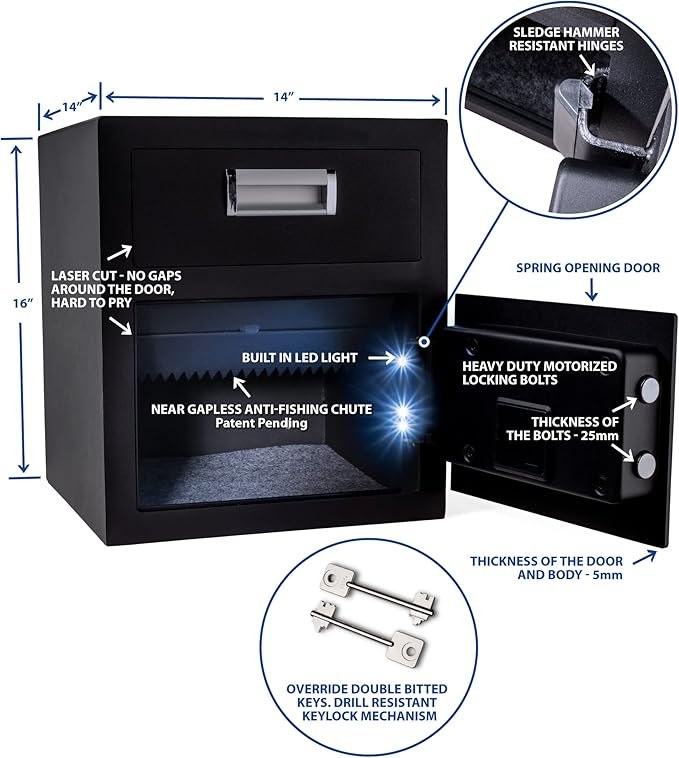 Viking Security Safe VS-40DS Heavy Duty Depository Safe with Drop Slot – Digital Keypad Money Safe for Cash, Business, Home, Office, Retail – Anti-Fish Design, LCD Display, Motorized Lock, Backup Key