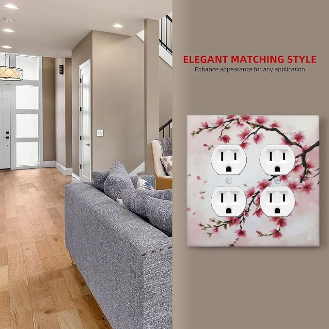 Decorative Outlet Covers Rustic Branch with Pink Flowers Plum Blossom 2 Gang Wall Plate Double Duplex Light Switch Cover Switch Plate Covers Faceplate for Bedroom Home Decor