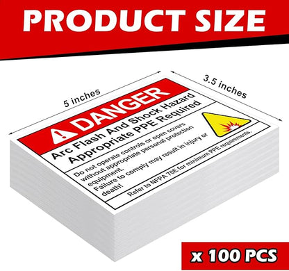 100 PCS Danger Arc Flash and Shock Hazard Label - 5 x 3.5" Warning Safety Appropriate PPE Required Signs for Electrical Workplace