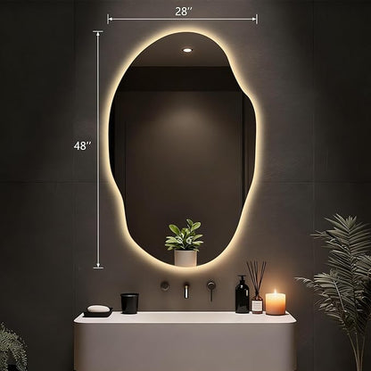 Asymmetrical Bathroom Mirror with Lights,Irregular LED Bathroom Vanity Mirror with Backlit,Anti-Fog,3 Colors and Dimmable Light with Memory,Hardwired Supported[Horizontal/Vertical] 48" H x 30" W