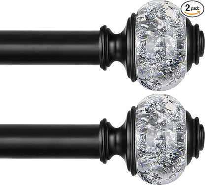 2 Pack Black Curtain Rods, 1 Inch Telescoping Drapery Rod 28 to 48 inch (2.3 to 4 ft), USFOOK Curtain Rods for Windows, Silver Translucent Finials