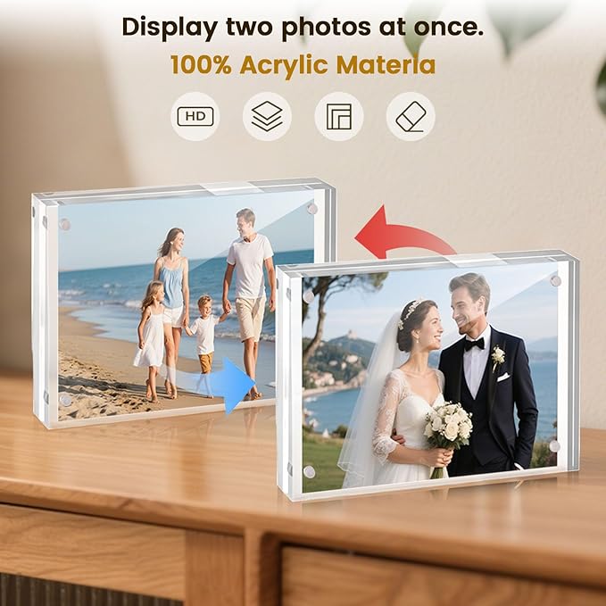 JOHOUSE 2 Pack 4 x 6 Acrylic Picture Frames, Double Sided Magnetic Photo Frames Self Standing Frameless Transparent for Desktop Display Gifts for Women