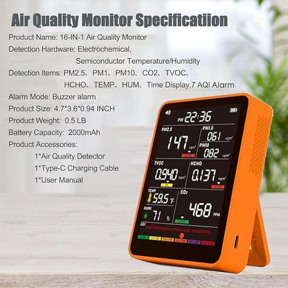 Professional Indoor Air Quality Monitor with AQI Beep Alarms, Portable Real-Time Detector for Home Cars Plants and Pets (Orange)