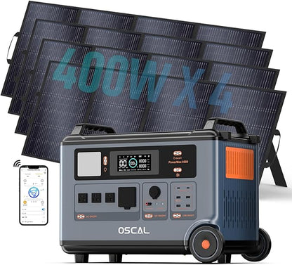 OSCAL 6000W Solar Generator with 4x400W Solar Panel,120V/240V Dual Voltage Power Station 3.6kWh Lifepo4 Battery Generator with 14 Outlets,2200W 1.96H Fast Charge,Promax6000 for Home Backup.