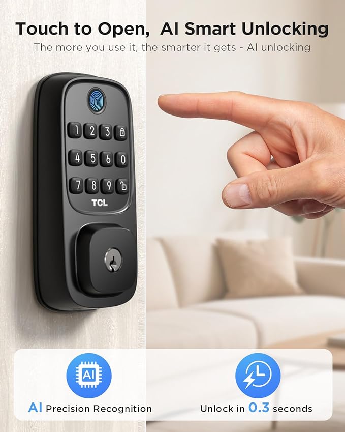 TCL Smart Lock D1, Fingerprint Keyless Entry Front Door Lock, Wi-Fi Keypad Deadbolt Lock, Works with Alexa/Google Assistant, Easy Installation, Remote Control, Auto-Lock(Black)