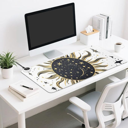 Heated Desk Pad Mouse Pad 31.5x13 Inch PU Leather Desk Mat with 3 Heat Levels Large Mouse Gaming Computer Laptop Mat Vintage Constellation Sun and Star 01