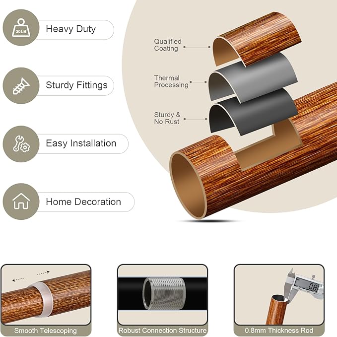 Reddish-Brown Wood Curtain Rods for Windows 28 to 48 Inch, 1'' Adjustable Heavy Duty Curtain Rod，Vintage Imitation Wood Decorative Drapery Rods with Pumpkin Finials for Bedroom Living Room