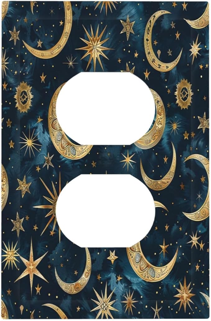 Outlet Covers Modern Abstract Sky Blue Gold Moon Sun Star 1 Gang Duplex Wall Plate Decorative Switch Plates Electrical Receptacle Faceplate Light Switch Cover for Bedroom Kids room Decor