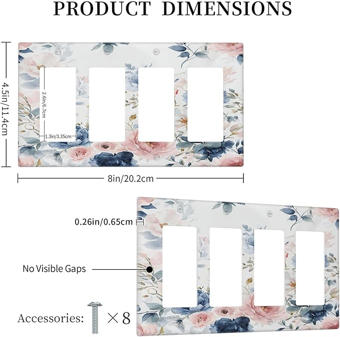 Elegant Watercolor Pink Blue Flowers Floral 4 Gang Wall Plates Outlet Covers Triple Rocker Light Switch Cover Plate Decorative Switch Plates GFCI Electrical Faceplate for Bathroom Bedroom 4.5 X 8 IN