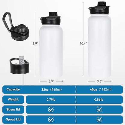 VEGOND 32 oz Insulated Water Bottle Bulk Stainless Steel Metal Water Bottles with Leak Proof Straw Lid & Spout Lid, Wide Mouth Double Walled Vacuum Travel Sports Bottle, 8 Pack