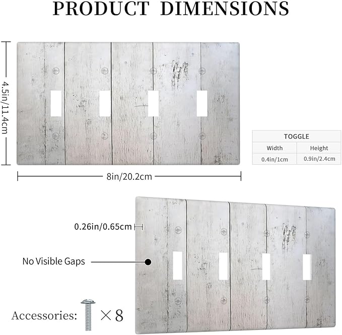 Rustic White Grey Wood Grain Light Switch Covers Quad Toggle 4 Gang Wall Plate Decorative Switch Plates Electrical Faceplate for Bedroom Bathroom Decor