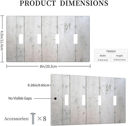 Rustic White Grey Wood Grain Light Switch Covers Quad Toggle 4 Gang Wall Plate Decorative Switch Plates Electrical Faceplate for Bedroom Bathroom Decor