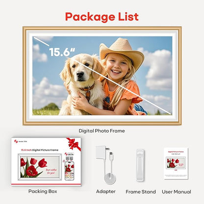64GB Frameo 15.6" Digital Picture Frame Large 1920 x 1080 IPS FHD Touch Screen WiFi Electronic Photo Frames Share Moments Instantly Anywhere Best Gifts for Parents and Grandparents Golden White