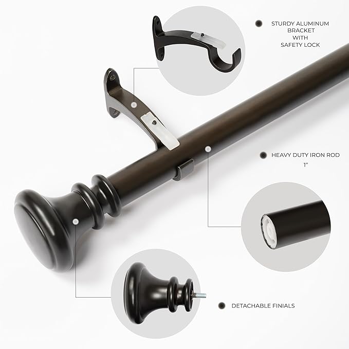 Deco Window Adjustable Curtain Rod for Windows 18 to 44 Inch (Pack of 1) Extendable Heavy Duty 1 Inch Iron Drapery Pole with Finials Wall Mounted French Door Curtain Rods (Bronze)
