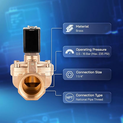 UNOX 1 1/4" NPT Solenoid Valve 24V DC, Brass Control Valve Normally Closed - 7-232 PSI Multi-Purpose Reliable Control Valve for Water, Air, and Gas - Solenoid Valves