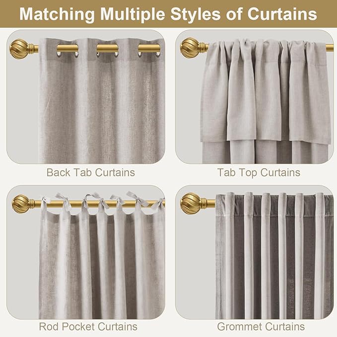 Gold Curtain Rods for Windows 48 to 84 Inch 7/8" Diamete Heavy Duty Adjustable Window Curtain Rod with Decorative Finials for Farmhouse Bedroom Living Room Kitchen Outdoor
