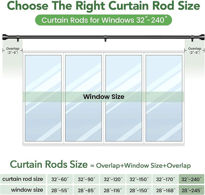 Time Forest Curtain Rods for Windows 32 to 240, 1 Inch Adjustable Black Heavy Duty Long Window Outdoor Curtain Rod for Patio, Modern Drapery Rods with Simple End Caps, Size 32"-240"