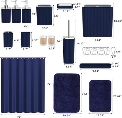 Bathroom Accessory Set - Bathroom Set, 27PC Bathroom Accessories Set, Navy Blue Bathroom Sets with Shower Curtain and Rugs, Mini Trash Can, Toilet Brush, Trash Can & Soap Dispenser