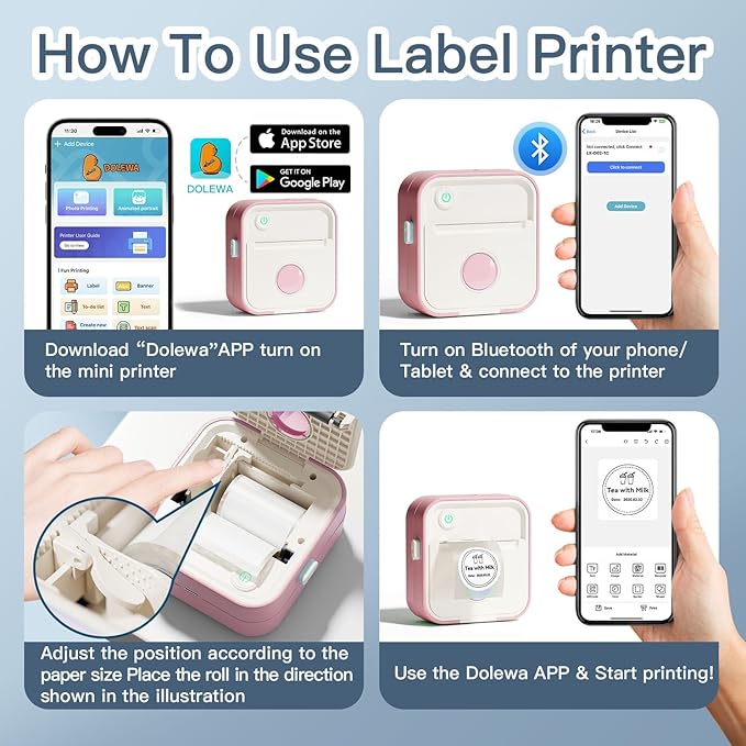 Label Maker Machine, HD Mini Sticker Printer with 7 Rolls Paper, Portable Thermal Print Pod Supports 12-57mm Papers, Bluetooth Pocket Printer for Home, Kitchen, School (Light Pink)