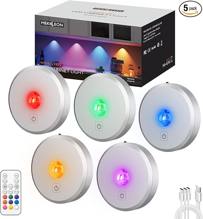 RGB Puck Lights with Remote Control, 2000mAh Battery Operated Tap Lights Rechargeable, 9 Colors & 2 Dynamic Changing Under Cabinet Lighting, Magnetic Stick on Light for Closet(Silver, 5 Pack)