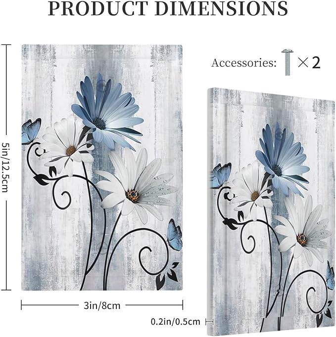 Decorative Light Switch Cover Plate Rustic Blue White Daisy Ink Flower 1 Gang No Device Single Blank Outlet Covers Wall Plates for Electrical Outlets Faceplate for Bedroom Home Decor