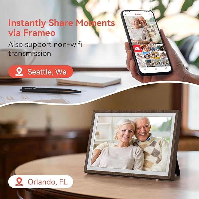 Frameo Wood 10.1 inch Digital Picture Frame, Smart WiFi Digital Photo Frame with 32G Memory, HD Touch Screen, Auto-Rotate, Slideshow, Easy Setup, Share Photos and Videos Anywhere(Brown Wood)