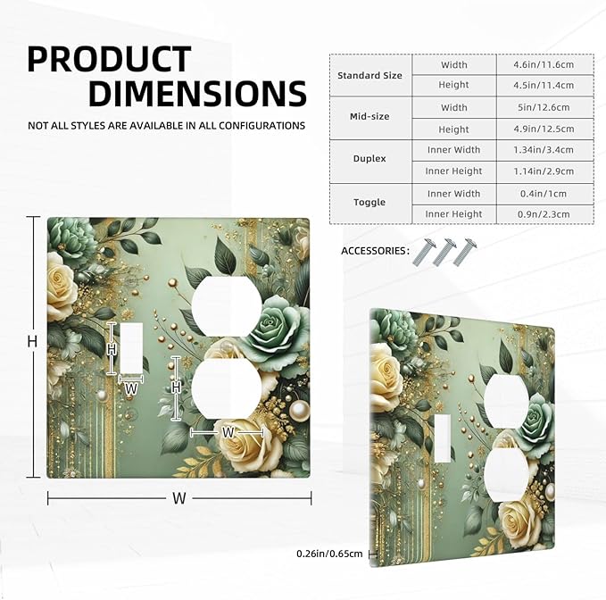 Decorative Outlet Covers Rustic Green Floral Leaves Teal Flowers Gold Stripe 2 Gang Wall Plate Cover Single Toggle Duplex Combo Two Switch Light Switch Cover Plate Faceplate