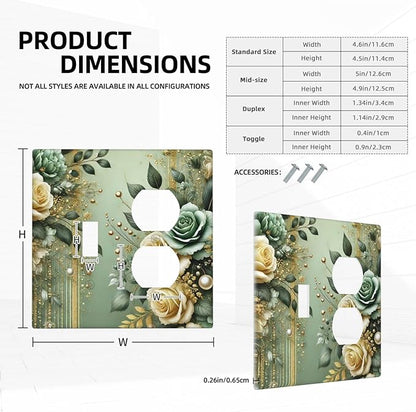 Decorative Outlet Covers Rustic Green Floral Leaves Teal Flowers Gold Stripe 2 Gang Wall Plate Cover Single Toggle Duplex Combo Two Switch Light Switch Cover Plate Faceplate