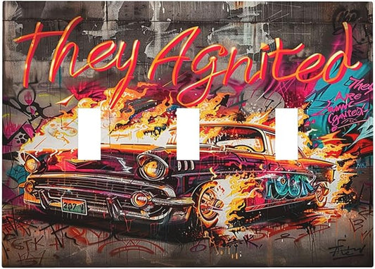 Decorative Switch Plates Hip Hop Street Graffiti Flame Car 3 Gang Wall Plate Triple Toggle Light Switch Cover Faceplate Electrical Wall Panels for Bedroom living Room Decor