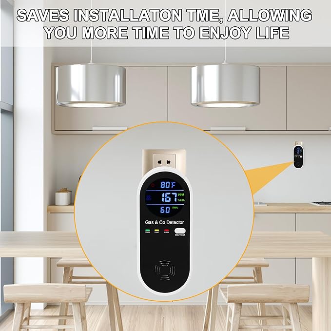 Natural Gas & Carbon Monoxide Detector, Plug in Carbon Monoxide Alarm,Natural Gas Detector,Propane,Methane,4-in-1 Combustible Gas & CO Detector with Fahrenheit(°F) & Humidity for Home,RV,Apartment
