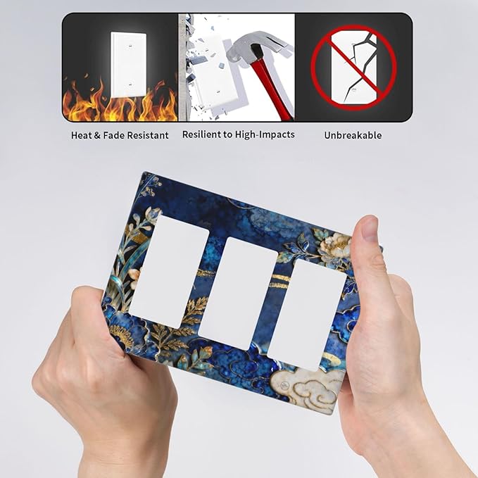 Decorative Outlet Covers Blue White Flower Gold Line Cloud 3 Gang Light Switch Cover Plate Triple Rocker Wall Plates for Electrical Outlets Switch Plate Covers for Bedroom Home Decor