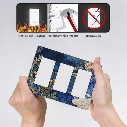 Decorative Outlet Covers Blue White Flower Gold Line Cloud 3 Gang Light Switch Cover Plate Triple Rocker Wall Plates for Electrical Outlets Switch Plate Covers for Bedroom Home Decor
