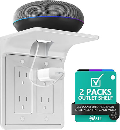 WALI Double Outlet Shelf Wall Holder – Bathroom Shelf Duplex for Electric Toothbrush, HomePod Mini, Echo Dot & Phone Charging – White-2 Packs (DLS002)