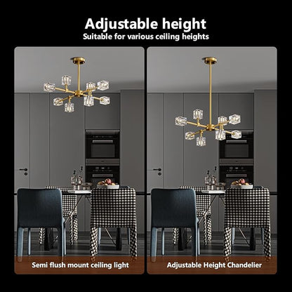 Sputnik Chandeliers for Dining Room Light Fixture, Modern Crystal Chandelier, 8-Lights Gold Semi Flush Mount Ceiling Light for Living Room Bedroom, Dining Room,Kitchen Island