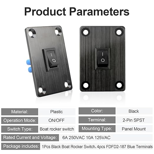 1Pcs Black KCD1 Boat Rocker Switch 2-Position 2-Pin SPST Panel Switch 6A 250VAC 10A 125VAC, with 4pcs FDFD2-187 Blue Terminals, CE