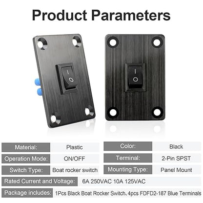 1Pcs Black KCD1 Boat Rocker Switch 2-Position 2-Pin SPST Panel Switch 6A 250VAC 10A 125VAC, with 4pcs FDFD2-187 Blue Terminals, CE