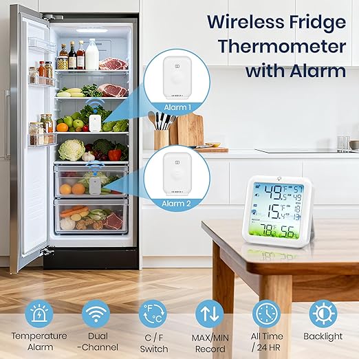 Refrigerator Thermometer with Freezer Alarm, Wireless Freezer Thermometer, Max/Min Temperature Records Fridge Monitor, 330ft Temperature Humidity Monitor with 2 Sensors, for Kitchen Home Restaurant