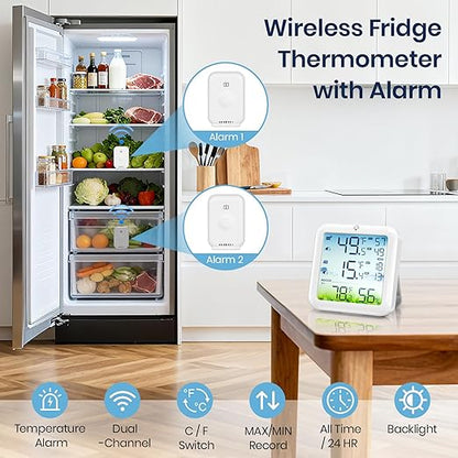 Refrigerator Thermometer with Freezer Alarm, Wireless Freezer Thermometer, Max/Min Temperature Records Fridge Monitor, 330ft Temperature Humidity Monitor with 2 Sensors, for Kitchen Home Restaurant