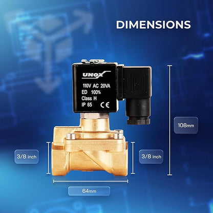 UNOX 3/8" NPT Solenoid Valve 110V AC, Brass Control Valve Normally Closed - 7-232 PSI Multi-Purpose Reliable Control Valve for Water and Air - Solenoid Valves