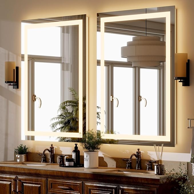 GLSLAND 26"x38" LED Bathroom Mirror with Lights, Dimmable Front and Backlit Vanity Mirrors, Wall Mounted Anti-Fog Lighted Mirror, Horizontal/Vertical Hanging
